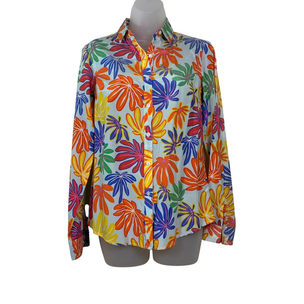 J McLaughlin Shirt 2 Silk Cotton Monstera tropical summer beachy resort cruise